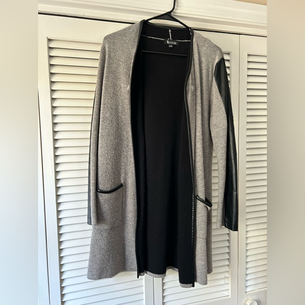 Gray with faux black leather trim sweater jacket
